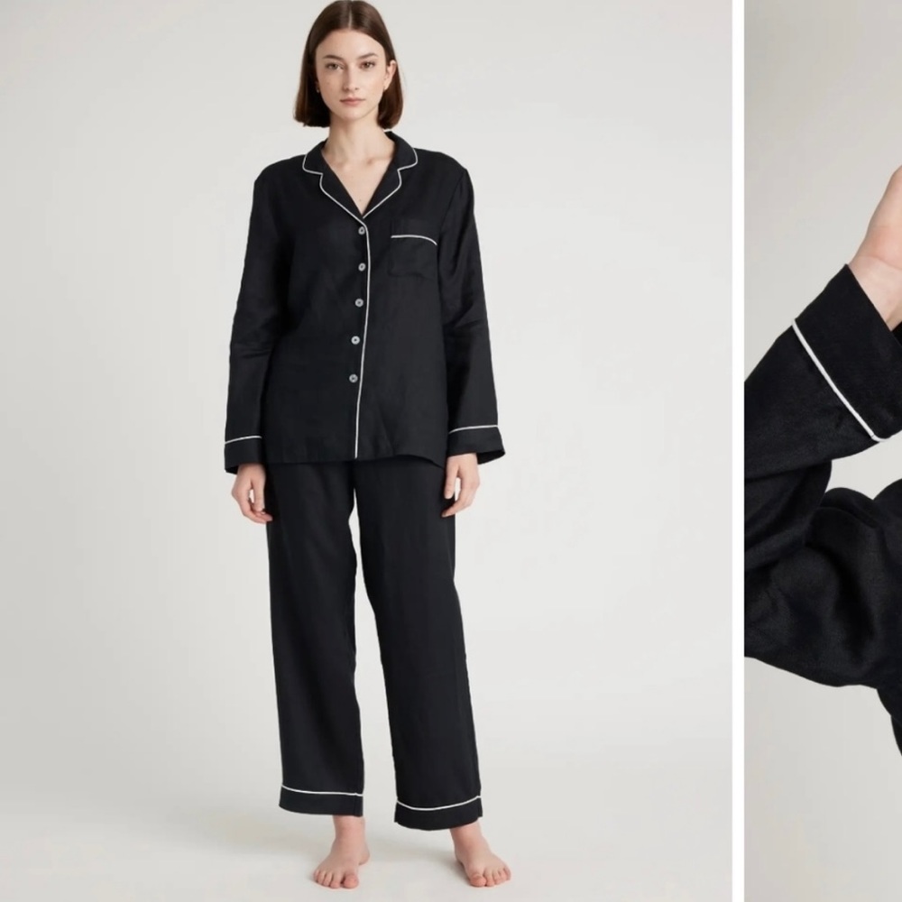 NWT Quince 100% Linen Long Sleeve Pajamas Black with white piping Large